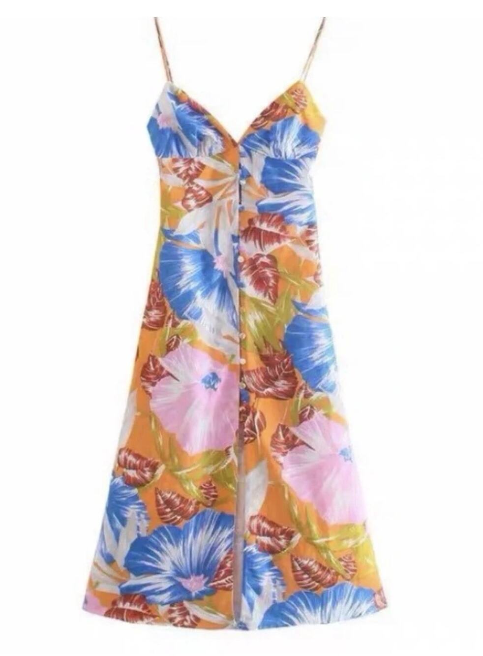 ZARA Tropical Print Midi Dress V-Neck Spaghetti Straps Size L